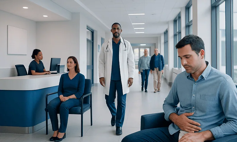 Medical professionals and patients in a modern hospital corridor.