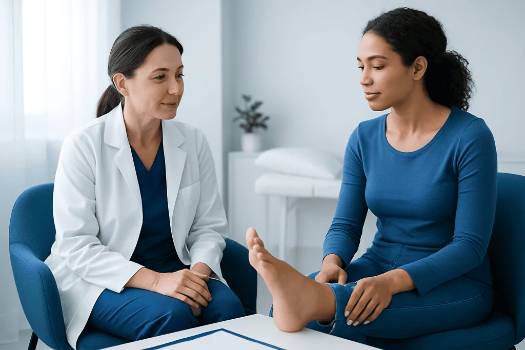 Doctor consulting with a patient about foot health in a medical office.