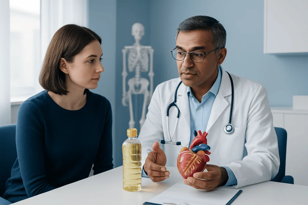 Doctor explaining heart health to a patient in a medical consultation room.