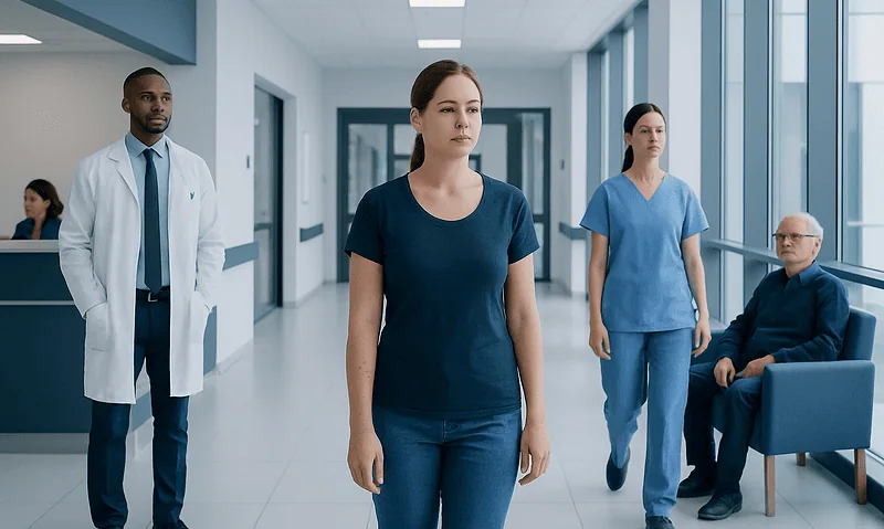 Medical staff walking in hospital corridor with patient in waiting area.