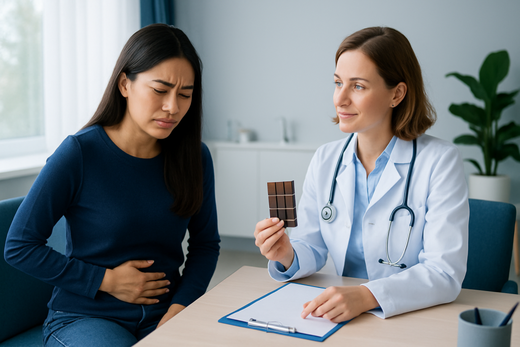 Doctor explaining chocolate benefits for menstrual cramps to patient.