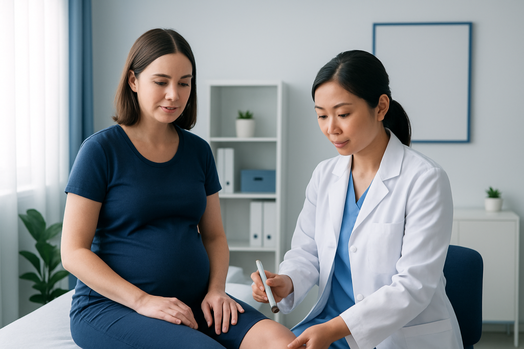 Doctor examining pregnant woman's leg in a medical consultation room.