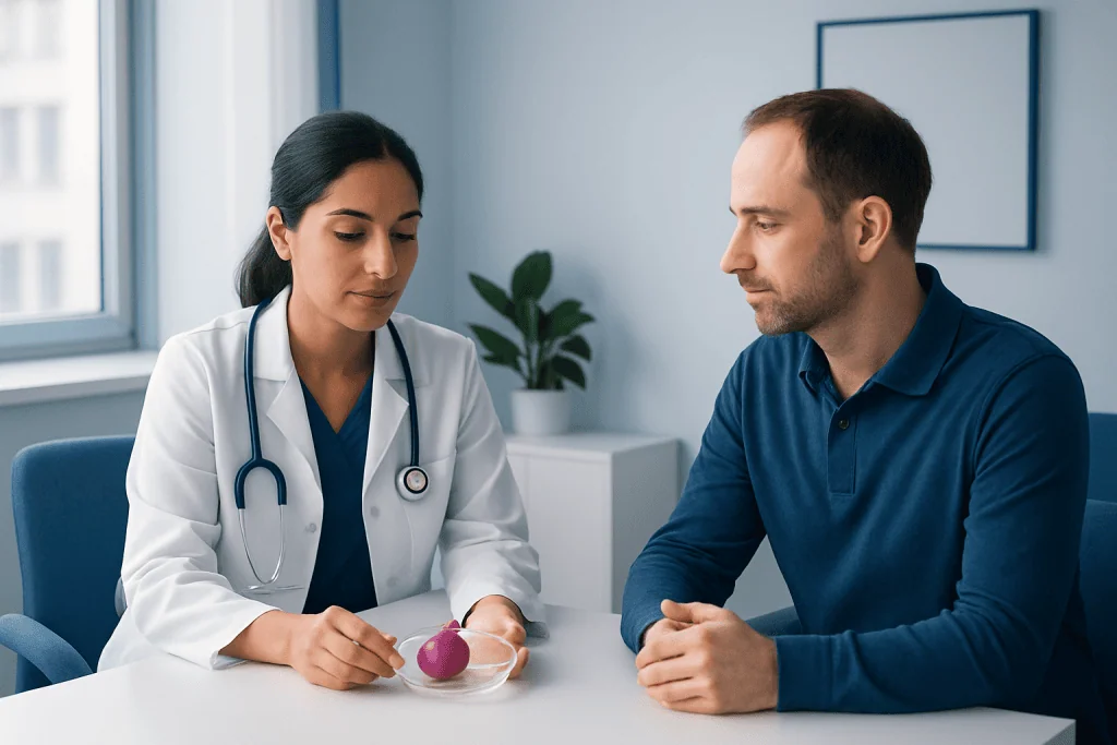 Doctor consulting with patient in a medical office setting.