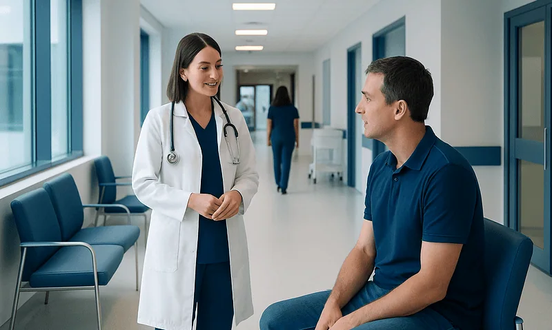 Doctor talking to a patient in a hospital corridor.