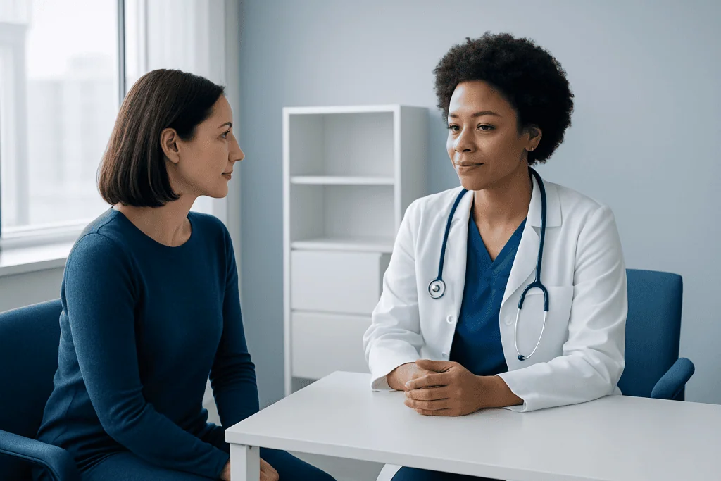 Doctor consulting with a patient in a modern medical office.