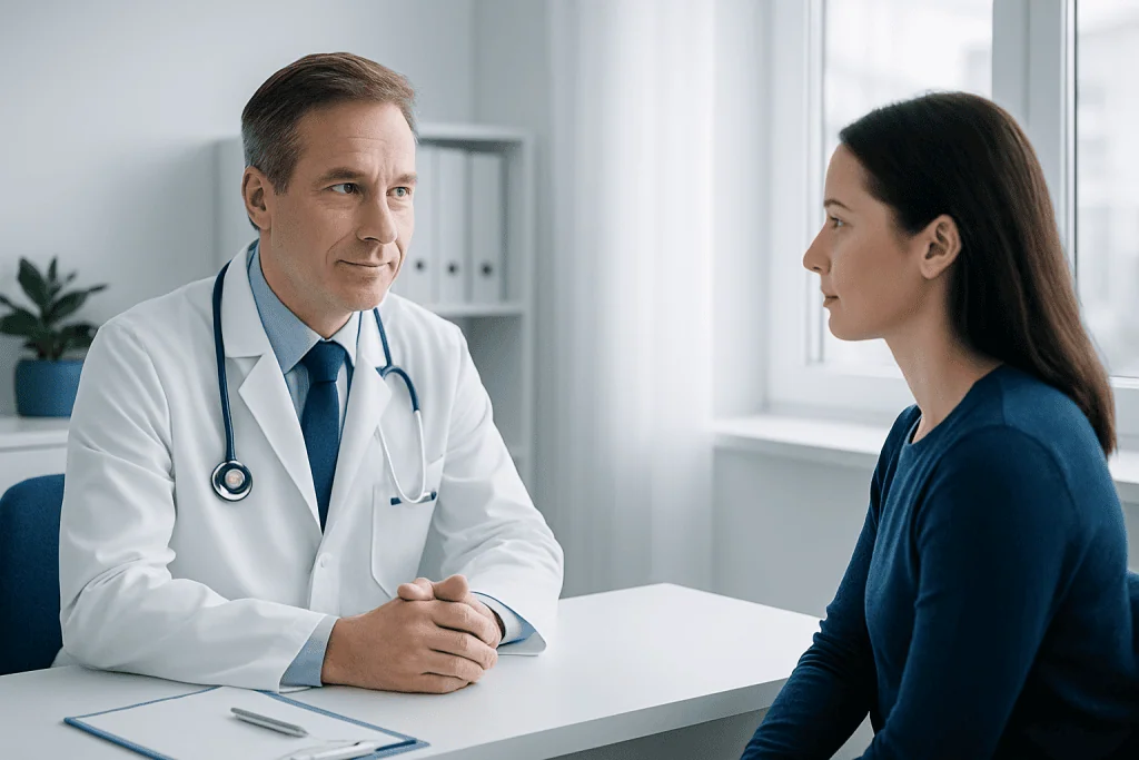 Doctor consulting with a female patient in a modern clinic setting.