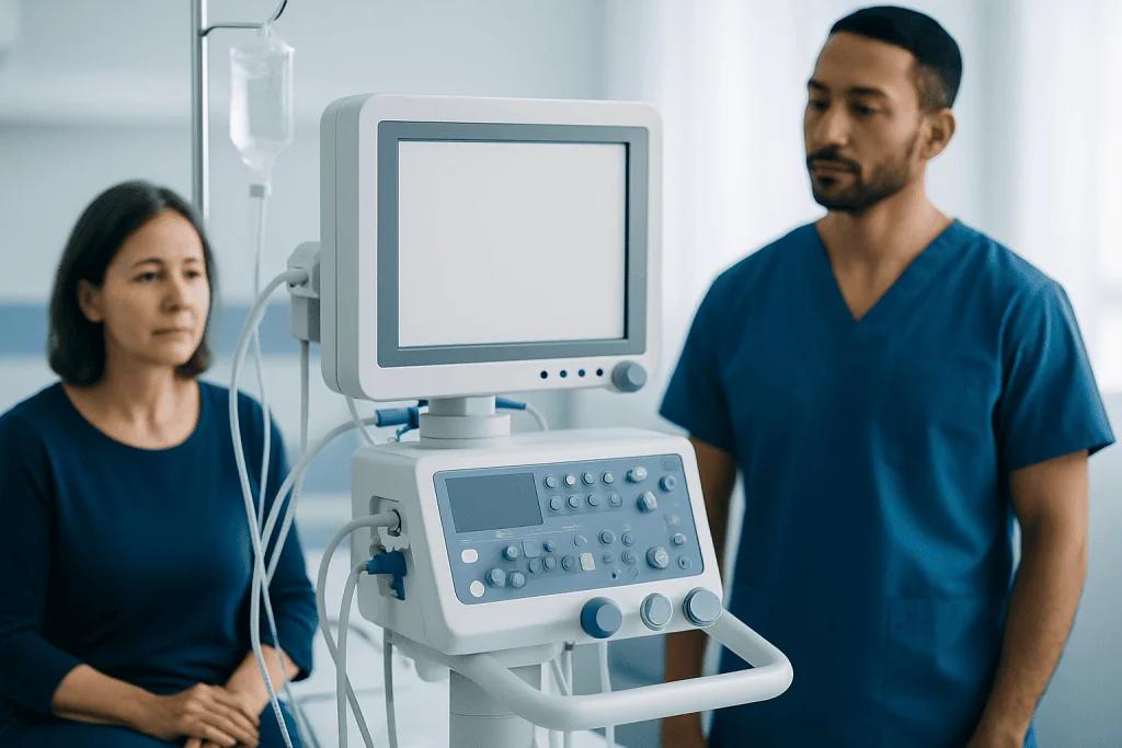 Medical professionals monitoring patient with ultrasound machine in hospital.