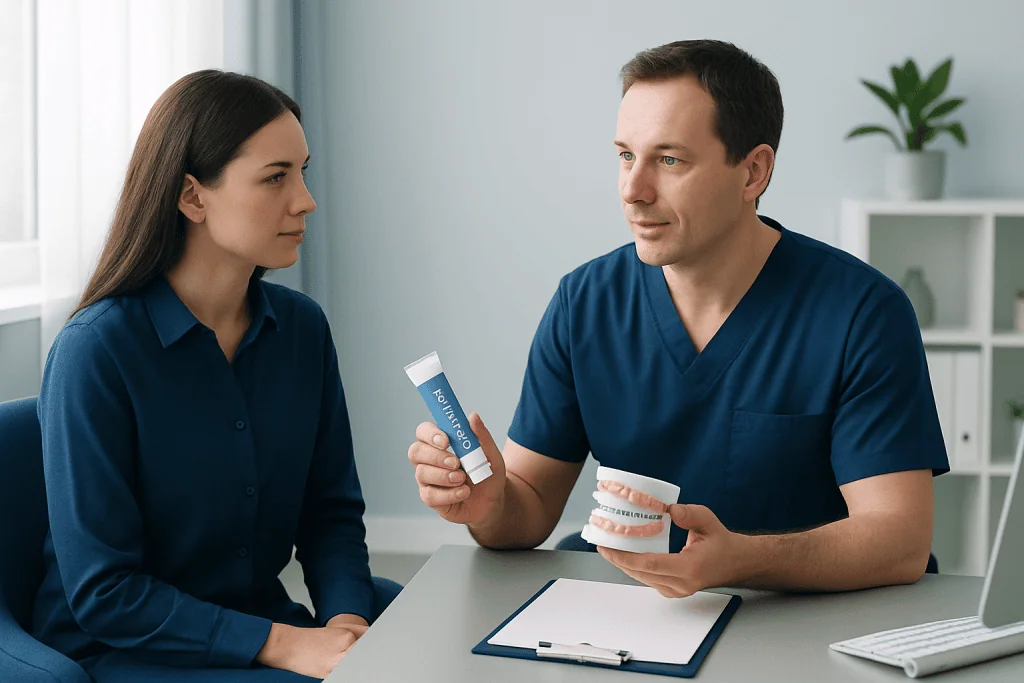 Dentist explaining dental care to patient with dental models and toothpaste.