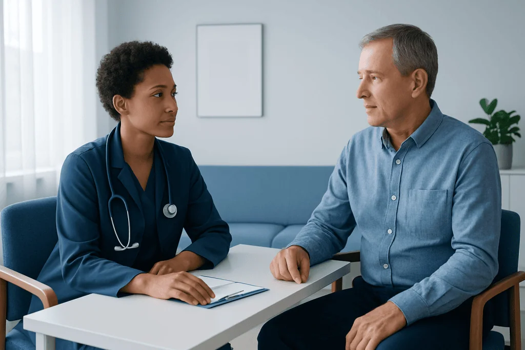 Doctor consulting with a patient in a medical office setting.