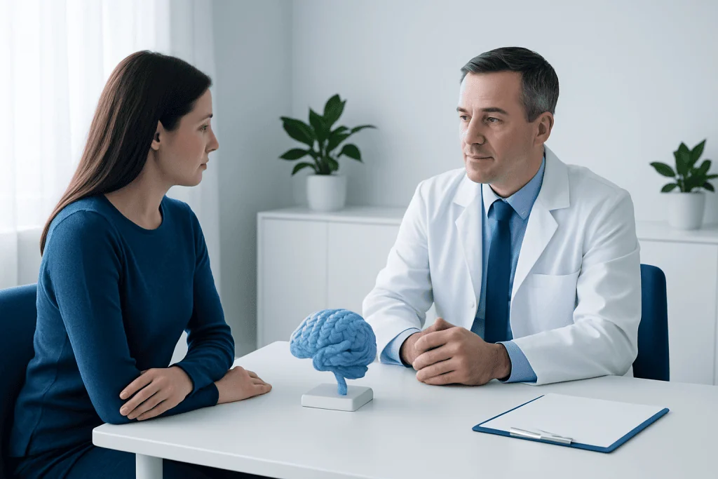 Doctor consulting with a patient about brain health in a modern clinic.