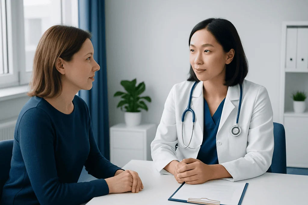 Doctor consulting with a patient in a modern medical office.