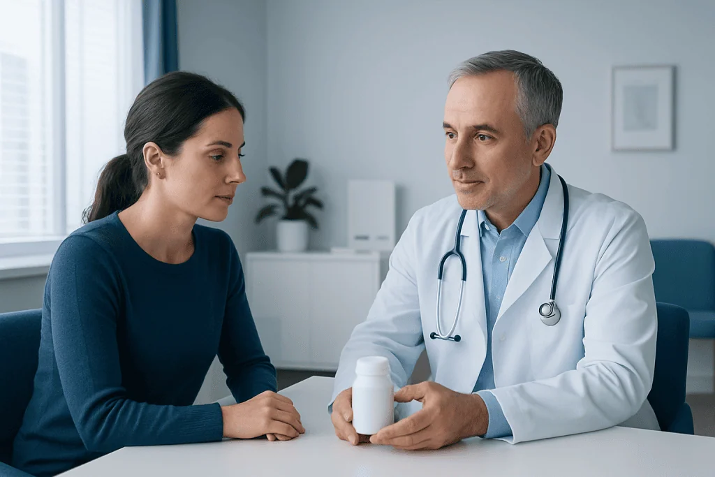 Doctor explaining probiotic benefits to a patient in a clinic setting.