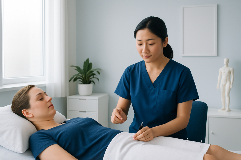 Acupuncturist preparing to insert needles during treatment session at hospital.