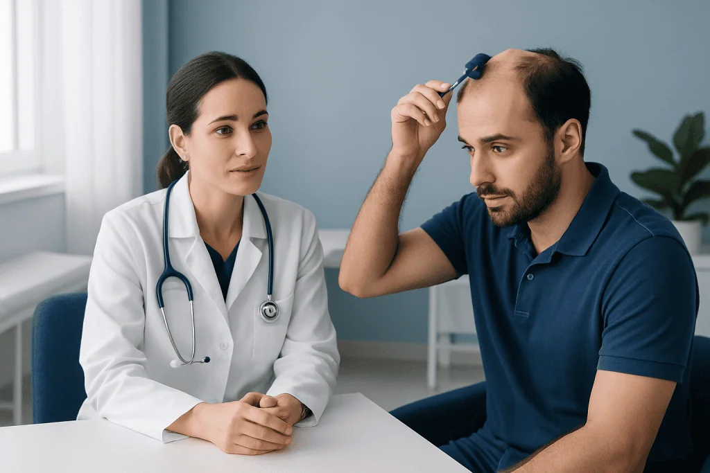 Doctor consulting with male patient about hair loss treatment options.