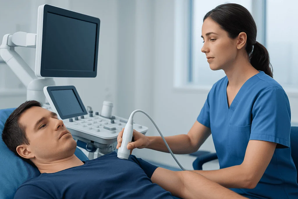 Medical professional performing an ultrasound on a patient in a clinical setting.