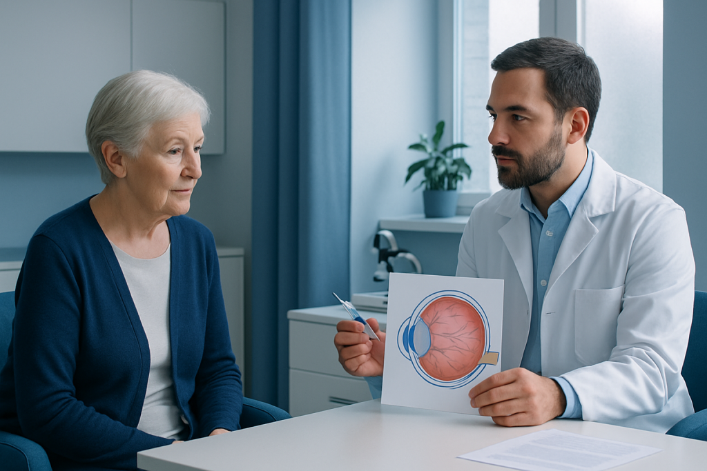 Ophthalmologist explains macular degeneration treatment to elderly woman.