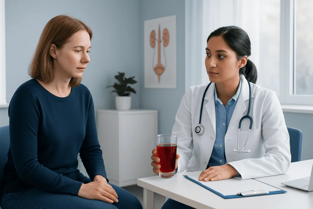 Doctor consulting with patient about health in a medical office.