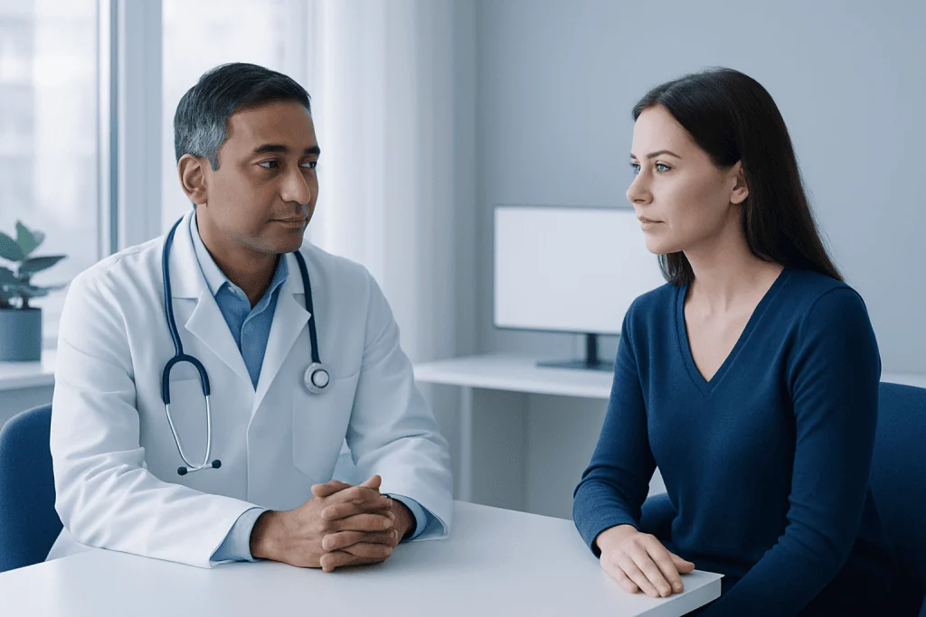 Doctor consulting with a female patient in a modern clinic setting.