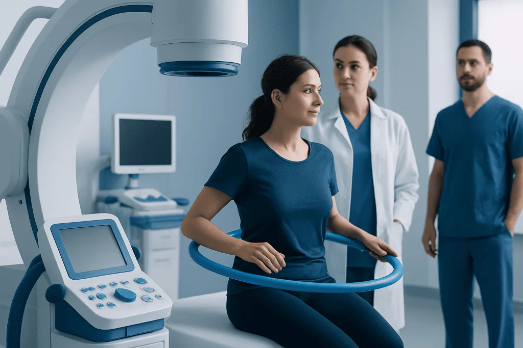 Patient undergoing medical imaging with healthcare professionals in a hospital.