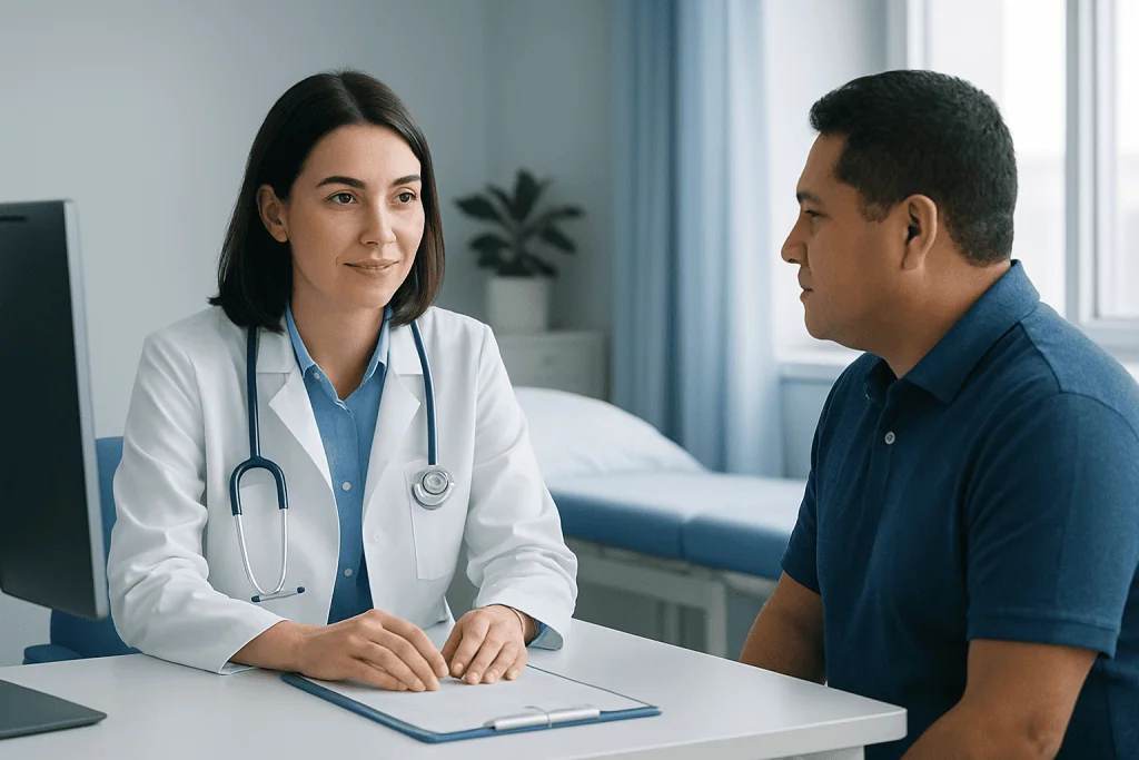 Doctor consulting with male patient in a medical office setting.