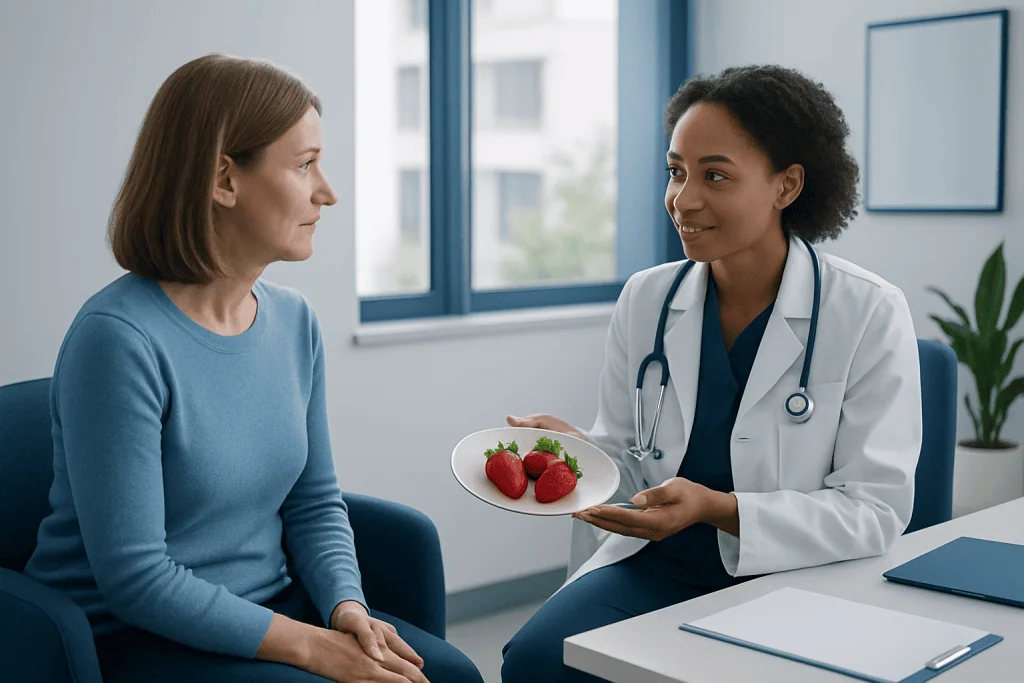 Doctor discussing strawberries' health benefits with a patient in a clinic.
