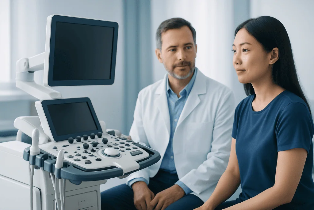 Medical consultation with ultrasound equipment at Acibadem Hospitals Group.