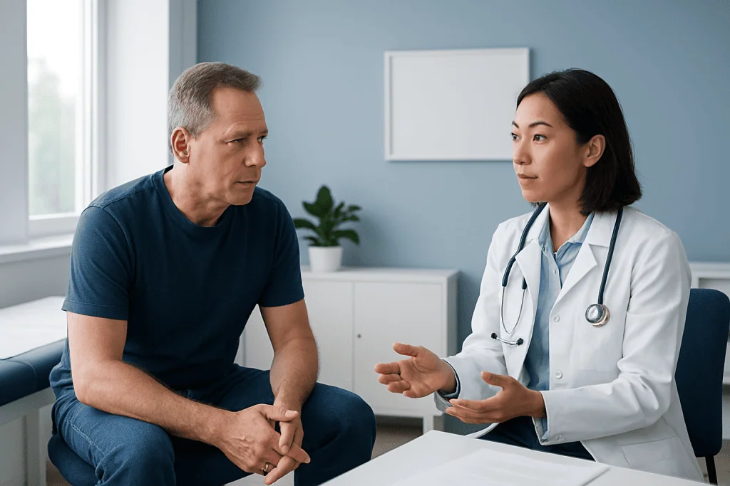 Doctor consulting with a middle-aged male patient in a medical office.