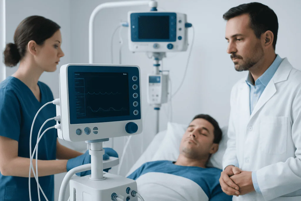 Medical team monitoring patient in hospital ICU with ventilator and monitors.