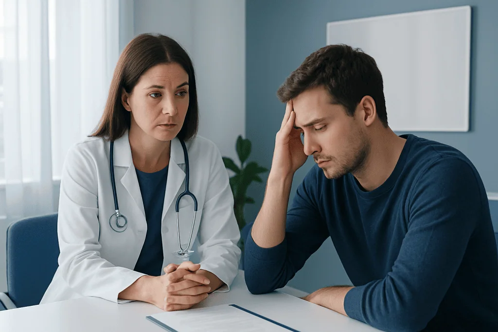 Doctor consulting with a patient experiencing fatigue or stress.