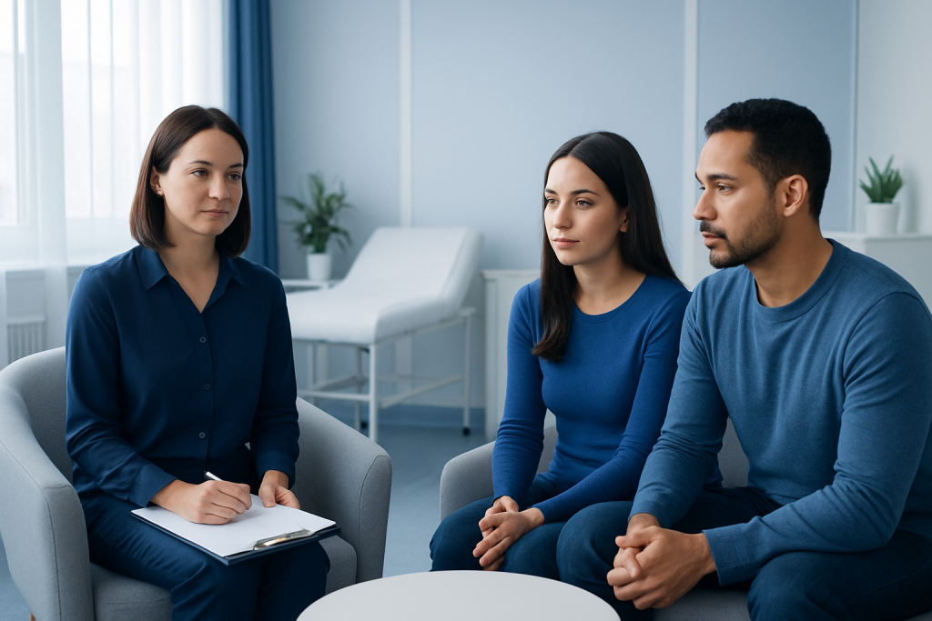 Couple attending therapy session with a counselor in a modern clinic.