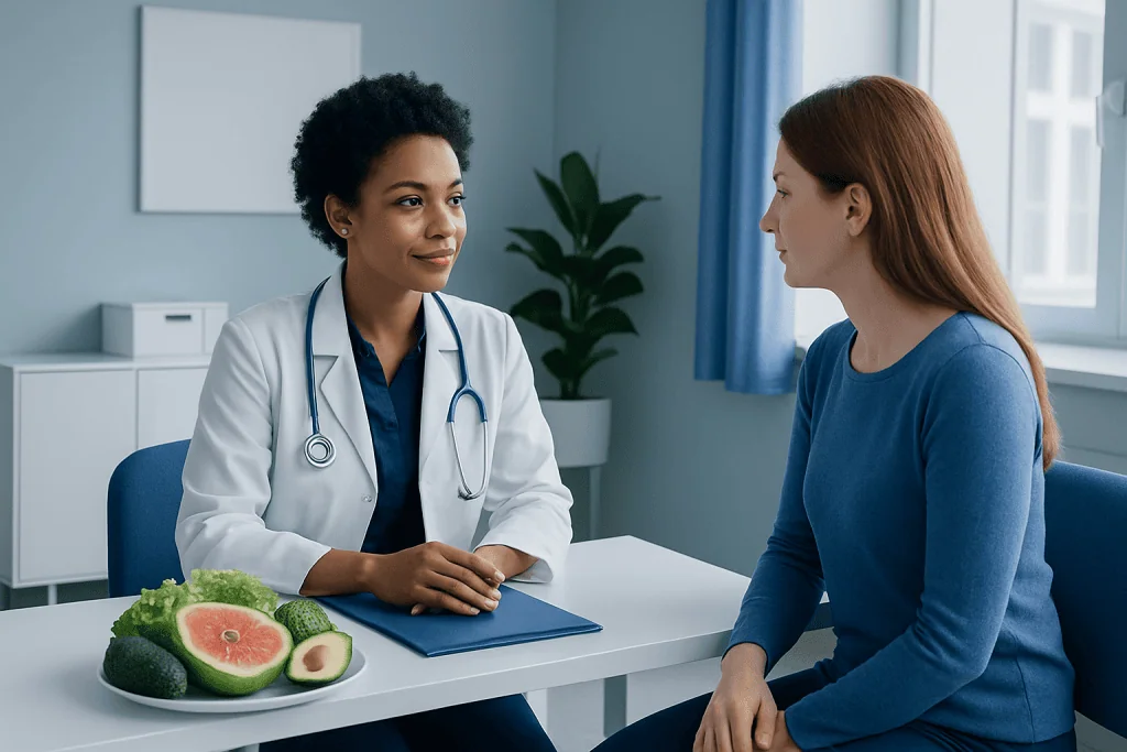 Doctor consulting with a patient in a medical office with fresh fruits on the table.