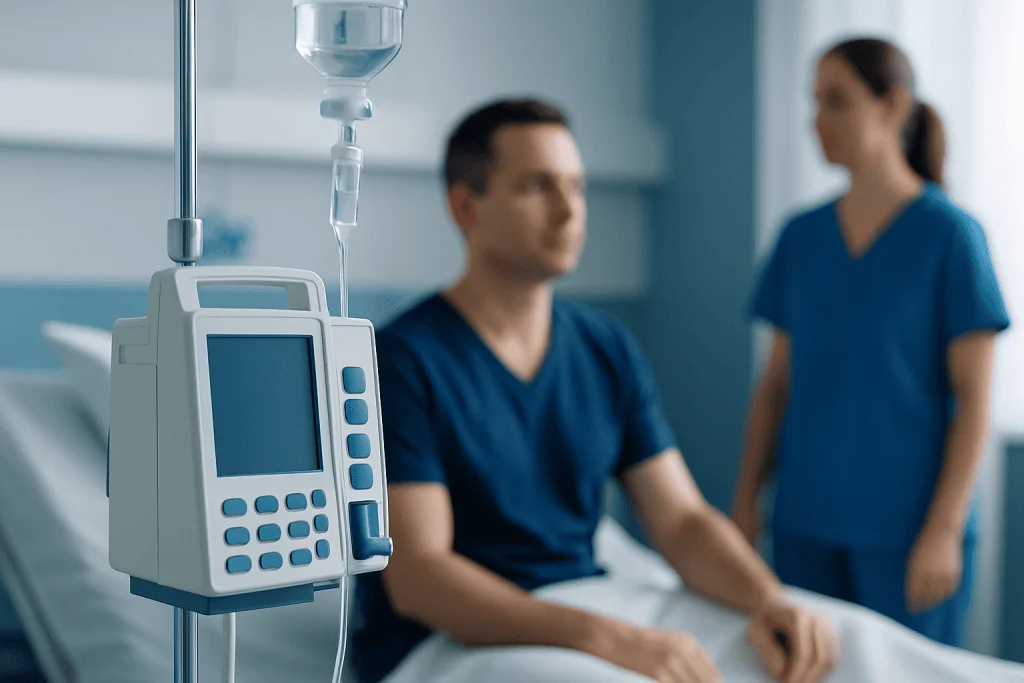 Hospital patient with IV drip and nurse in background.