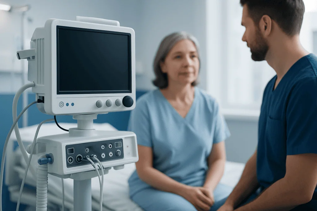 Medical consultation with patient and healthcare professional in hospital room.