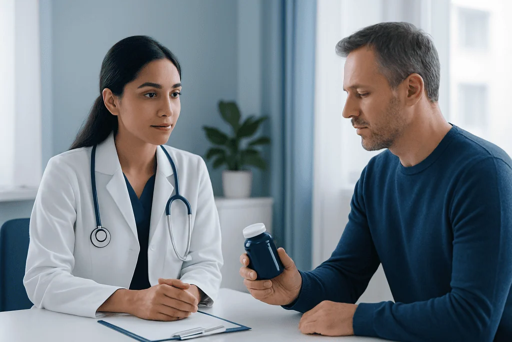 Doctor consulting with patient about nitric oxide supplement benefits and risks.