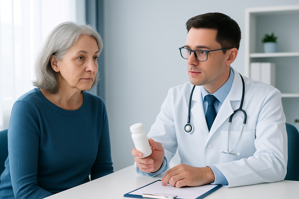 Doctor explaining medication to an elderly woman in a clinic setting.