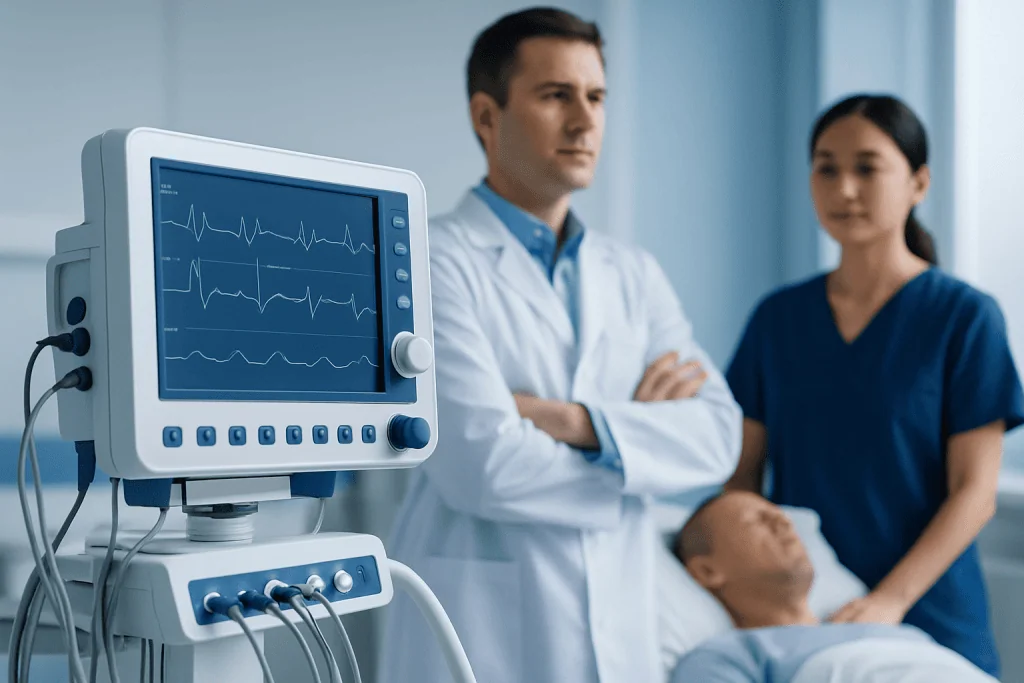 Medical professionals monitoring a patient with ECG equipment in hospital.