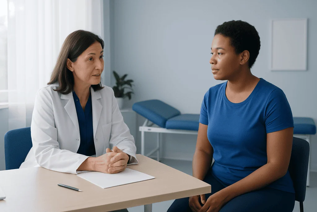 Doctor consulting with a patient in a medical office setting.