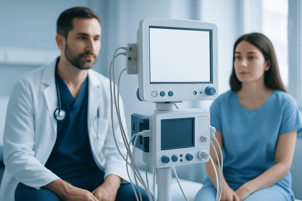 Medical professionals in a hospital room with monitoring equipment.