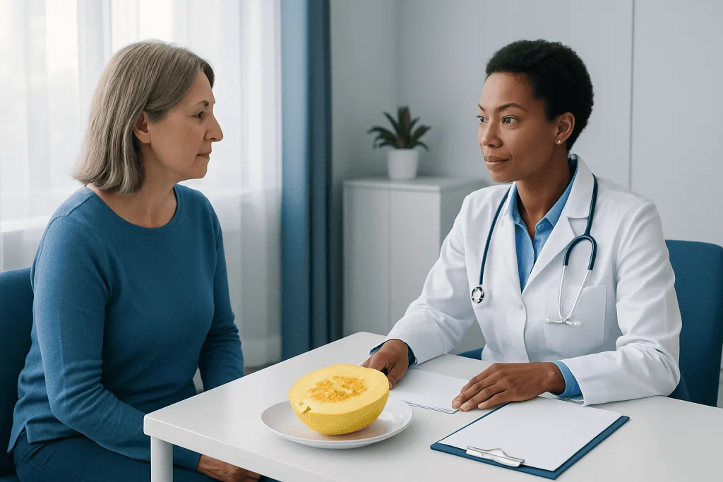Doctor consulting with patient about healthy eating and nutrition.
