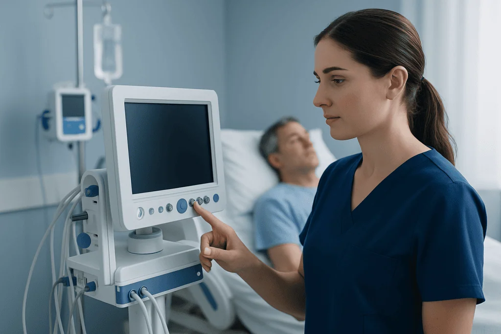 Healthcare professional operating medical monitor in hospital room.