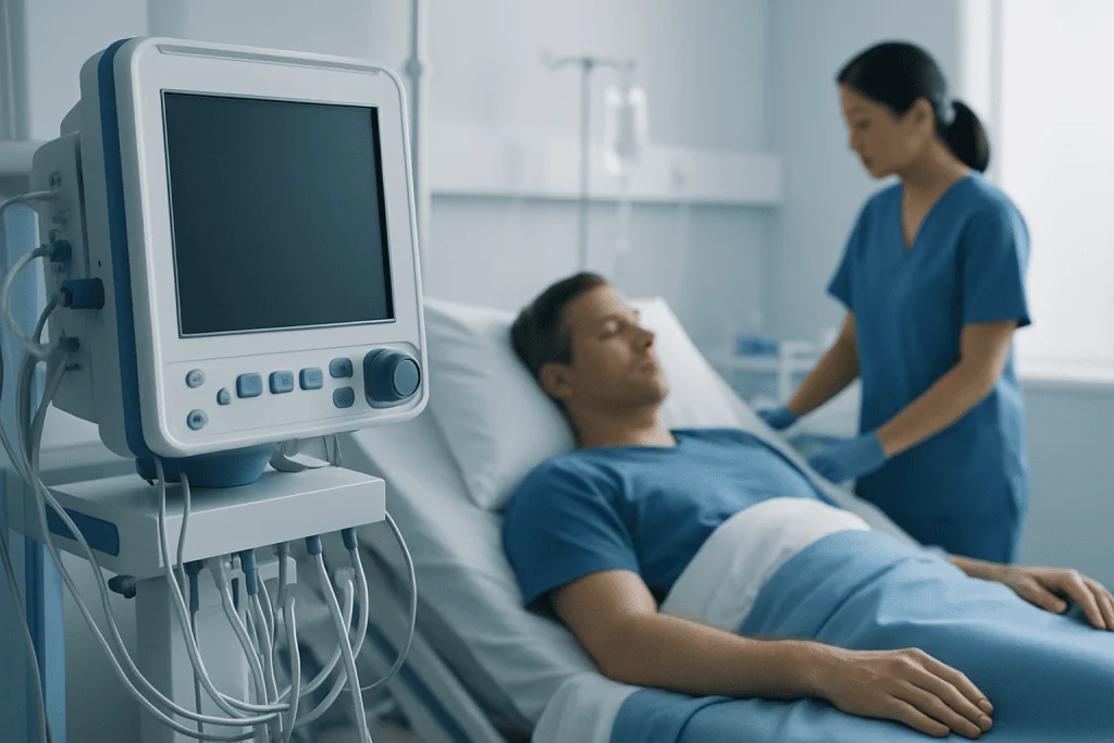 Patient in hospital bed connected to medical monitoring equipment.