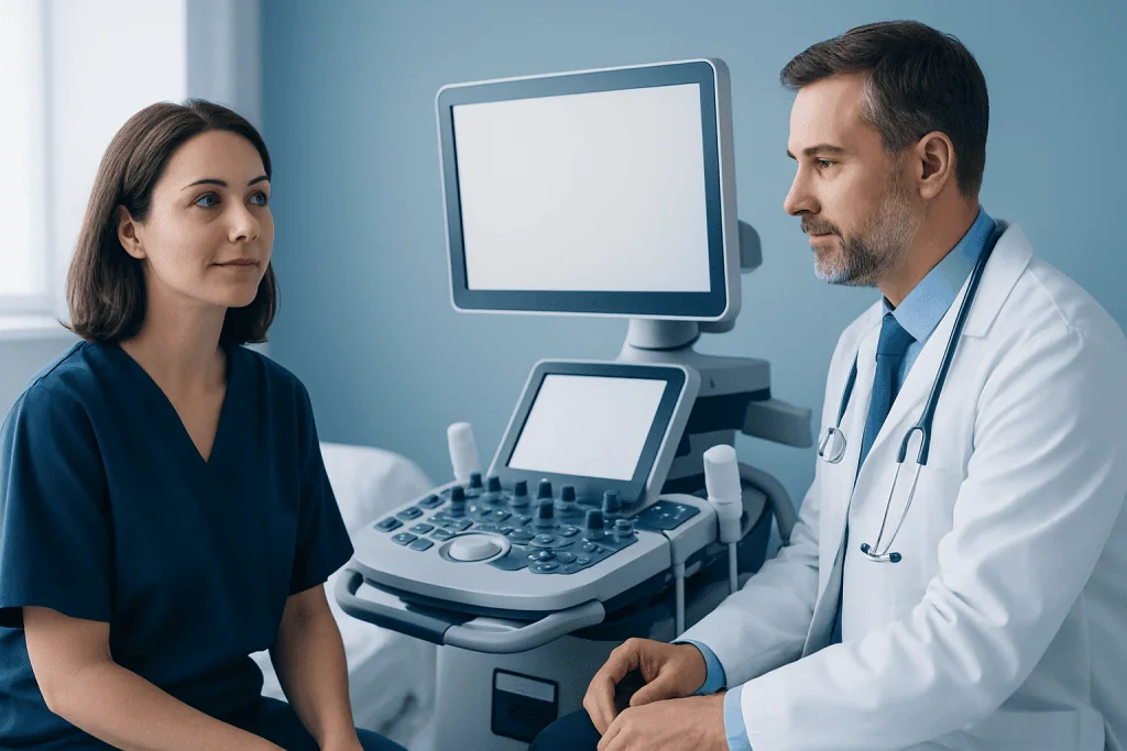 Doctor consulting with a patient in a medical examination room.