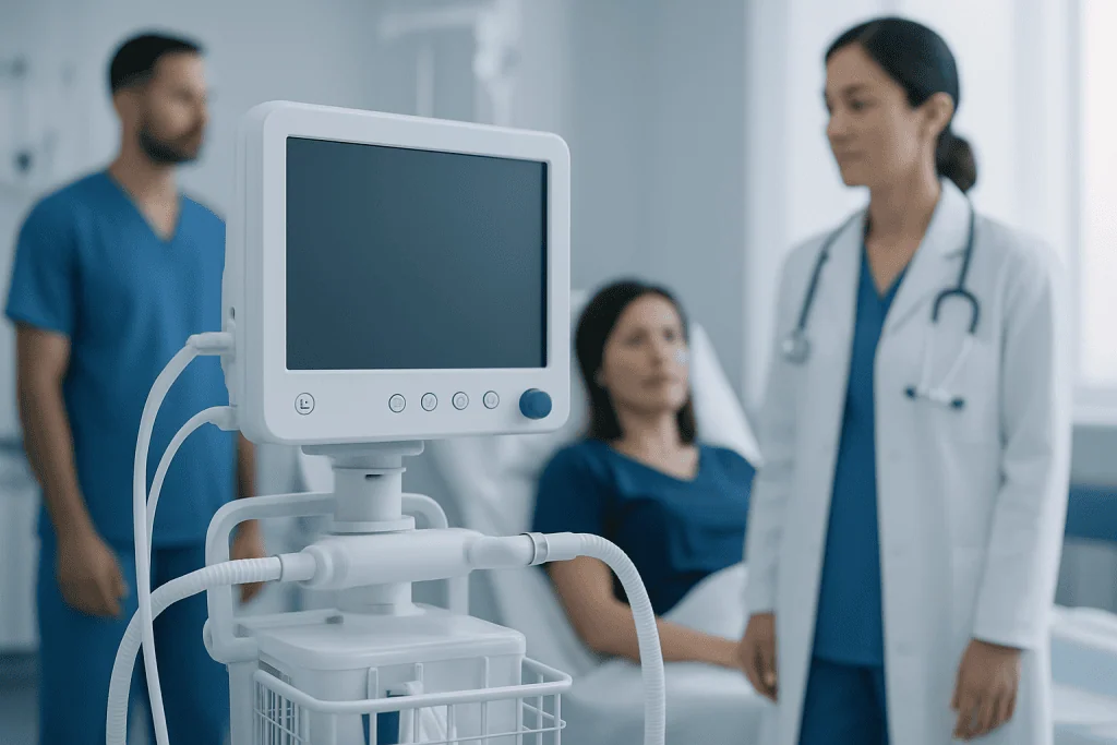 Medical team discussing patient care in hospital room with monitor.