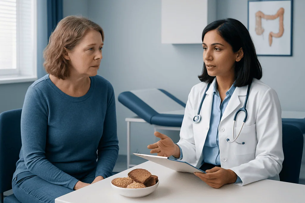 Doctor consulting with a patient about dietary advice for anal fissure.