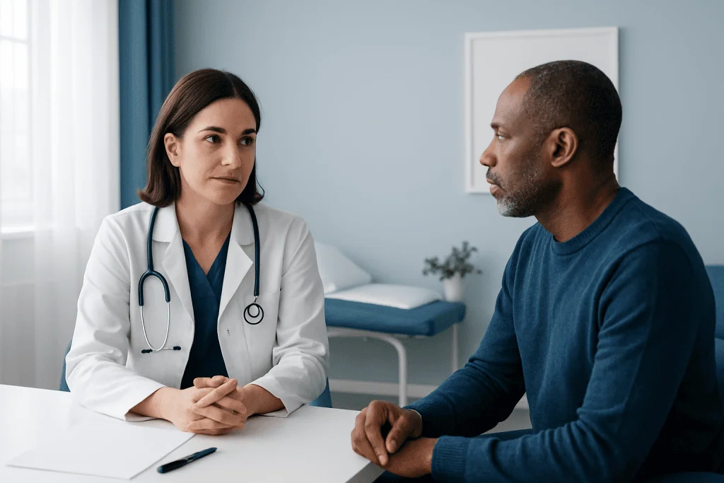 Doctor consulting with patient in a medical office setting.