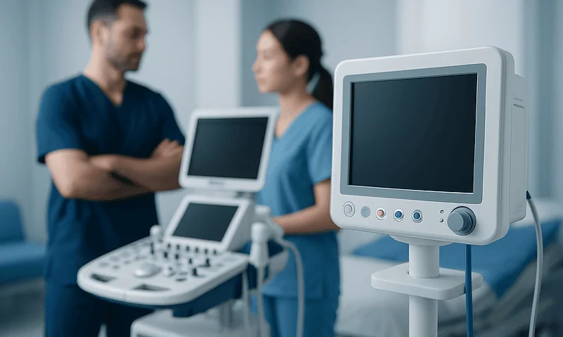 Medical professionals using ultrasound equipment in a hospital setting.