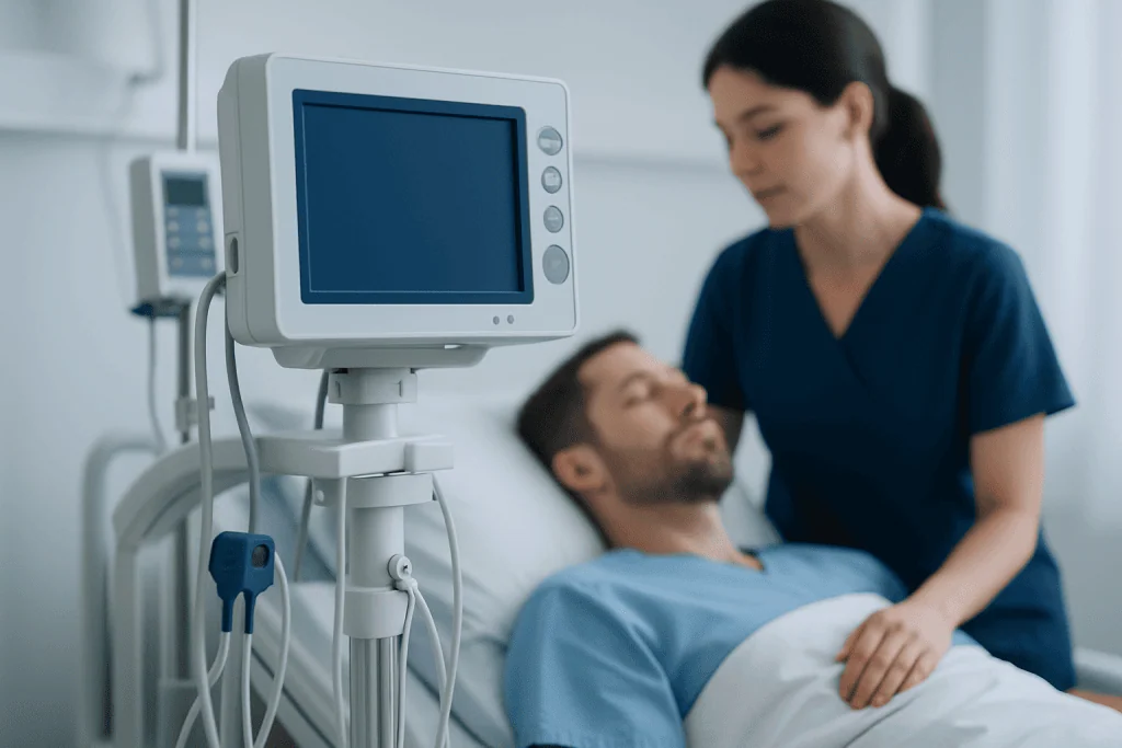 Hospital room with patient and nurse near medical monitoring equipment.