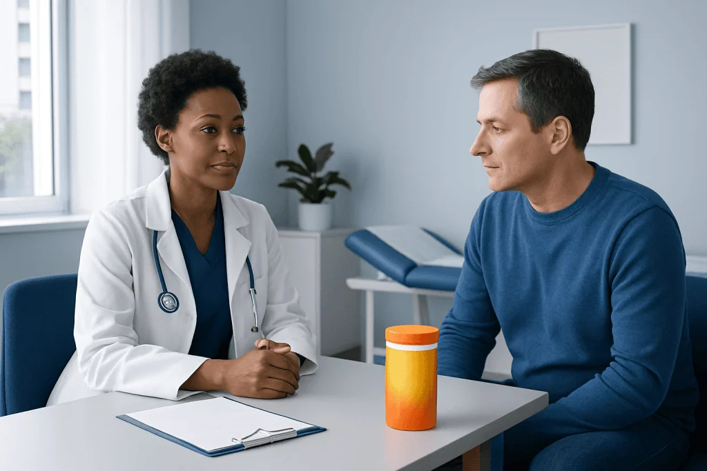 Doctor consulting with male patient in a medical office setting.