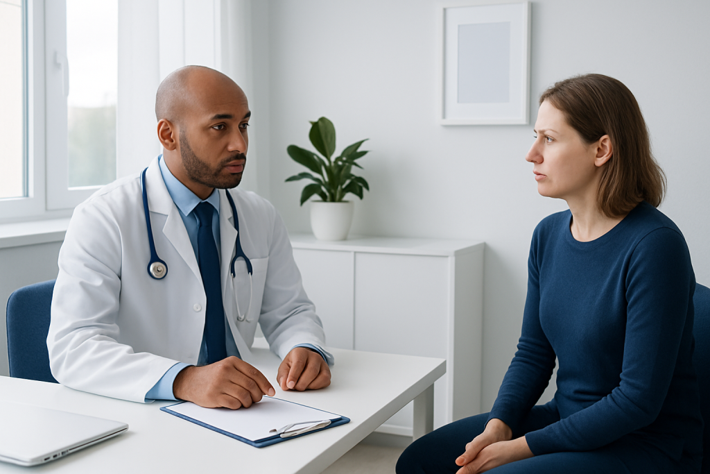 Doctor consulting female patient in a medical office.
