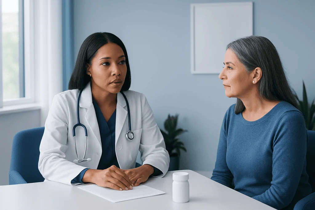 Doctor consulting with an older female patient in a medical office.